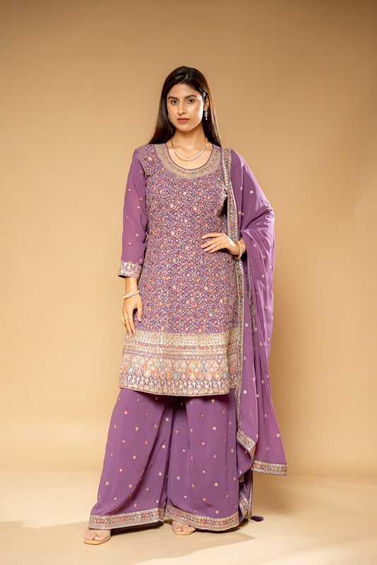 Mauve Georgette Readymade Suit And Palazzo With Georgette Dupatta