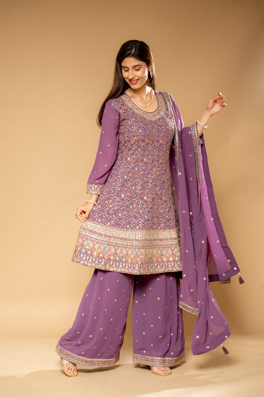 Mauve Georgette Readymade Suit And Palazzo With Georgette Dupatta