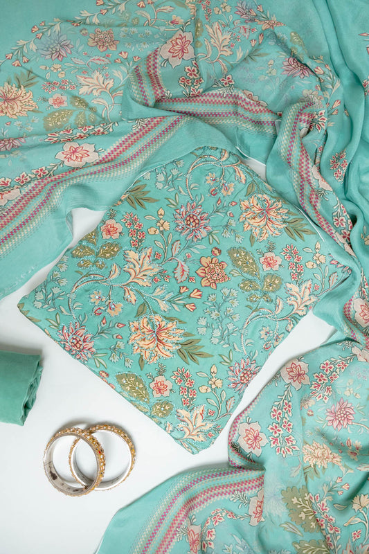 Mint Green Crepe Unstitched Salwar Suit With Crepe Dupatta