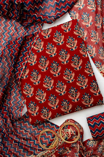 Maroon Cotton Unstitched Salwar Suit With Cotton Dupatta