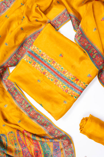 Mustard Dola Unstitched Salwar Suit With Dola Dupatta