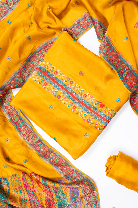 Mustard Dola Unstitched Salwar Suit With Dola Dupatta