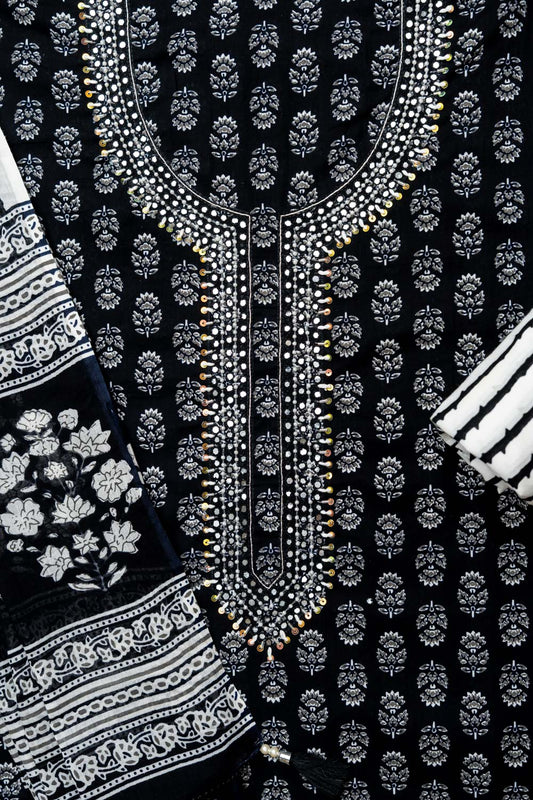 Black Cotton Unstitched Salwar Suit With Cotton Dupatta