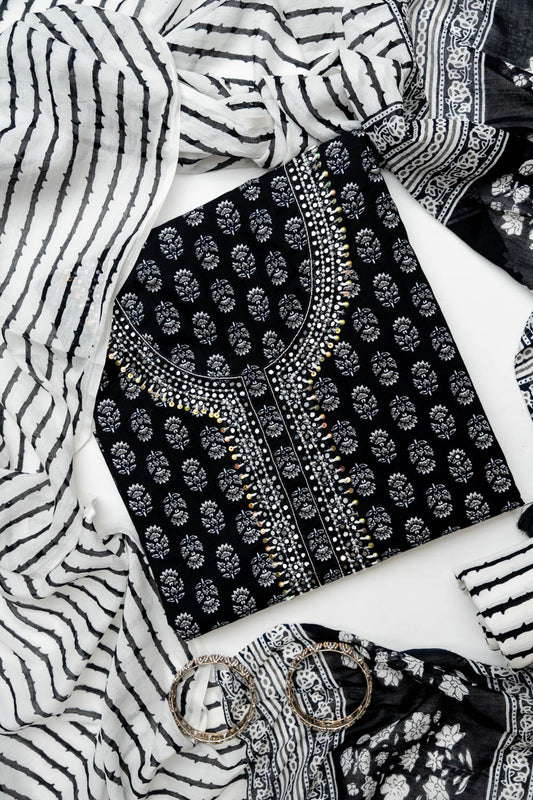 Black Cotton Unstitched Salwar Suit With Cotton Dupatta