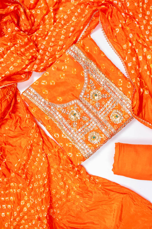 Orange Dola Unstitched Salwar Suit With Dola Dupatta
