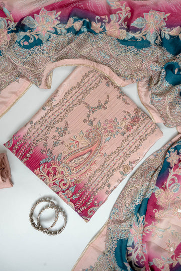 Peach Crepe Unstitched Salwar Suit With Crepe Dupatta
