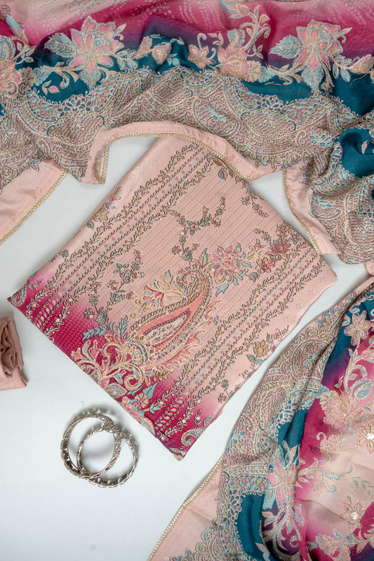 Peach Crepe Unstitched Salwar Suit With Crepe Dupatta