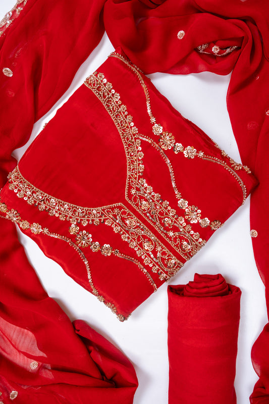 Maroon Organza Unstitched Salwar Suit With Chiffon Dupatta