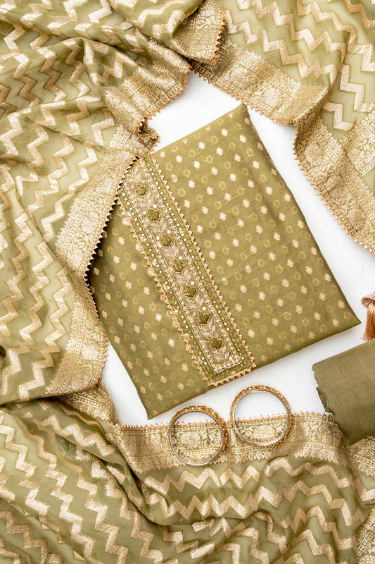 Olive Cotton Unstitched Salwar Suit With Cotton Dupatta