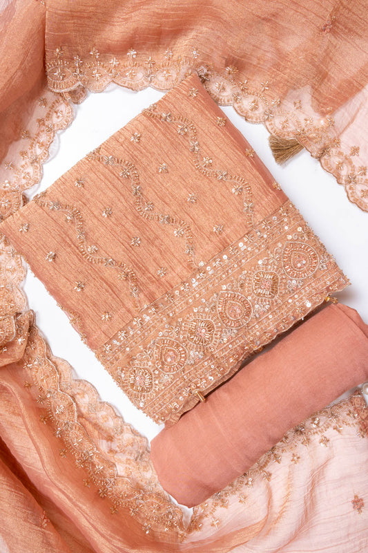 Peach Organza Unstitched Salwar Suit With Organza Dupatta