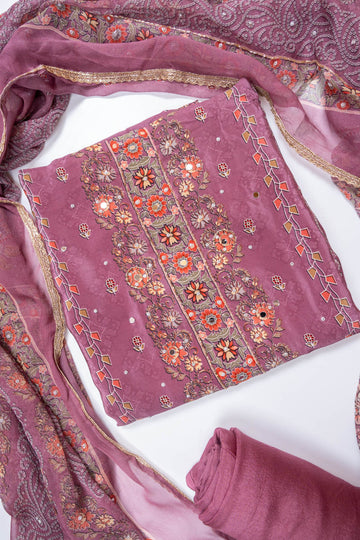 Mauve Crepe Unstitched Salwar Suit With Chiffon Dupatta