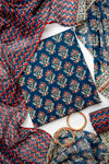 Navy Blue Cotton Unstitched Salwar Suit With Cotton Dupatta