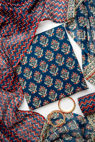 Navy Blue Cotton Unstitched Salwar Suit With Cotton Dupatta