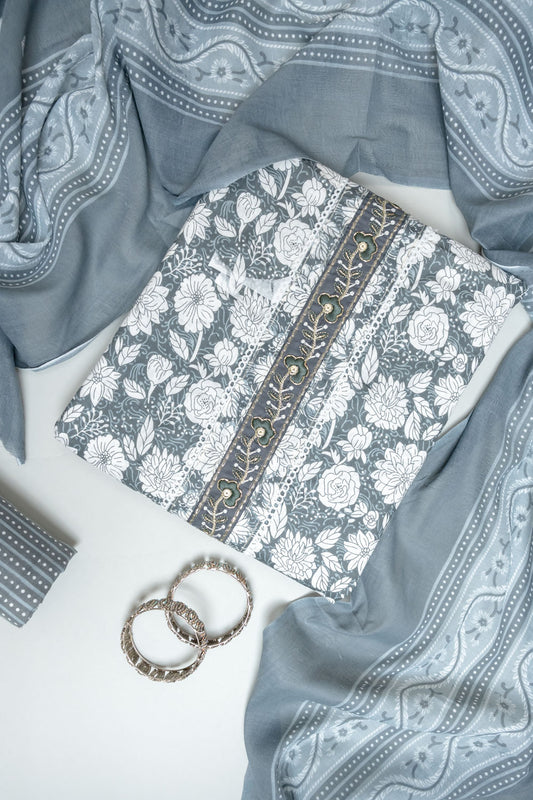 Grey Cotton Unstitched Salwar Suit With Cotton Dupatta