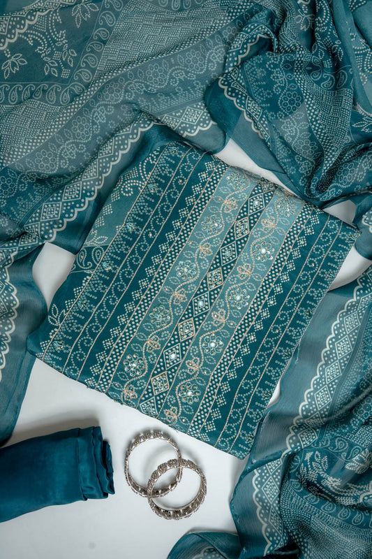 Mint Green Crepe Unstitched Salwar Suit With Chinon Dupatta