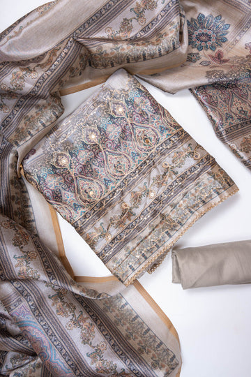 Grey Chanderi Unstitched Salwar Suit With Chanderi Dupatta