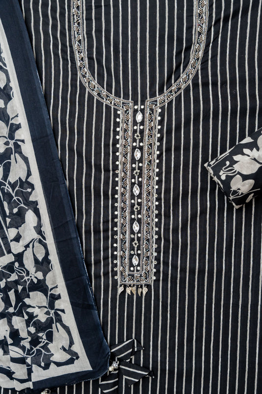 Black Cotton Unstitched Salwar Suit With Cotton Dupatta