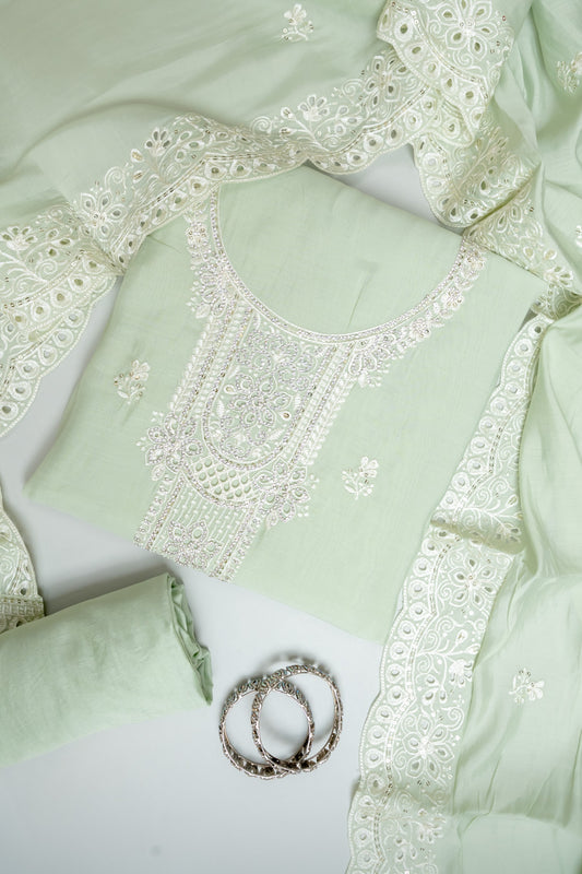 Pista Muslin Unstitched Salwar Suit With Muslin Dupatta