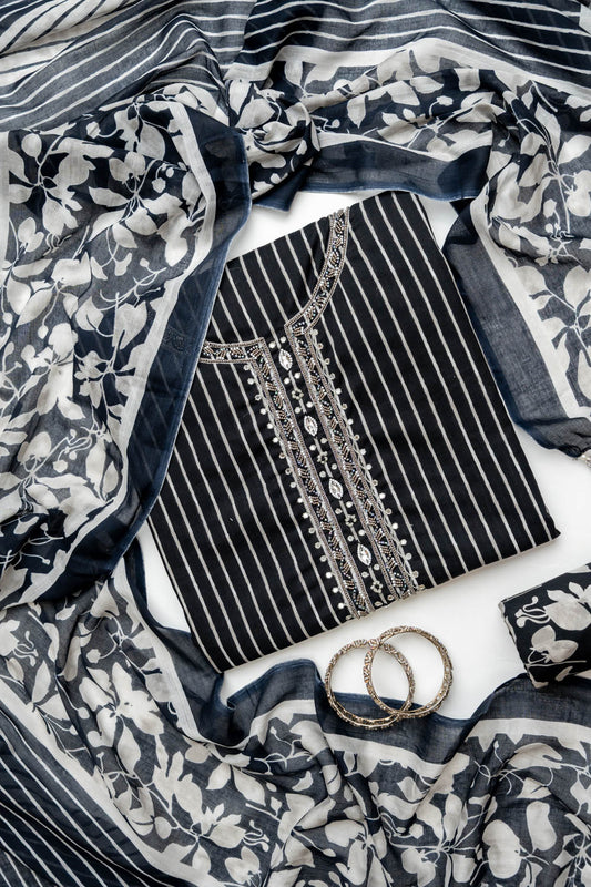 Black Cotton Unstitched Salwar Suit With Cotton Dupatta