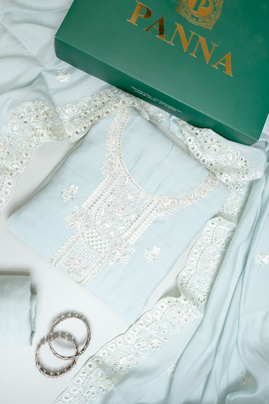 Grey Muslin Unstitched Salwar Suit With Muslin Dupatta