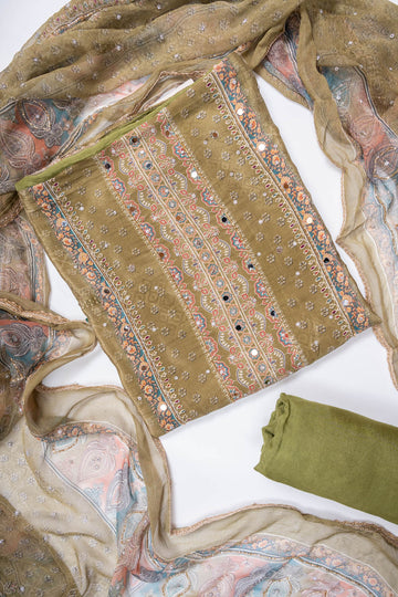 Pista Crepe Unstitched Salwar Suit With Chiffon Dupatta