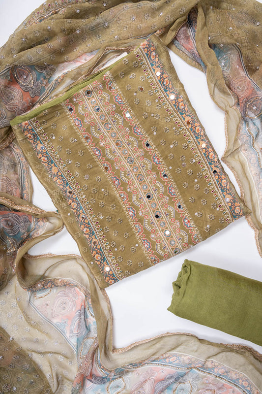 Pista Crepe Unstitched Salwar Suit With Chiffon Dupatta