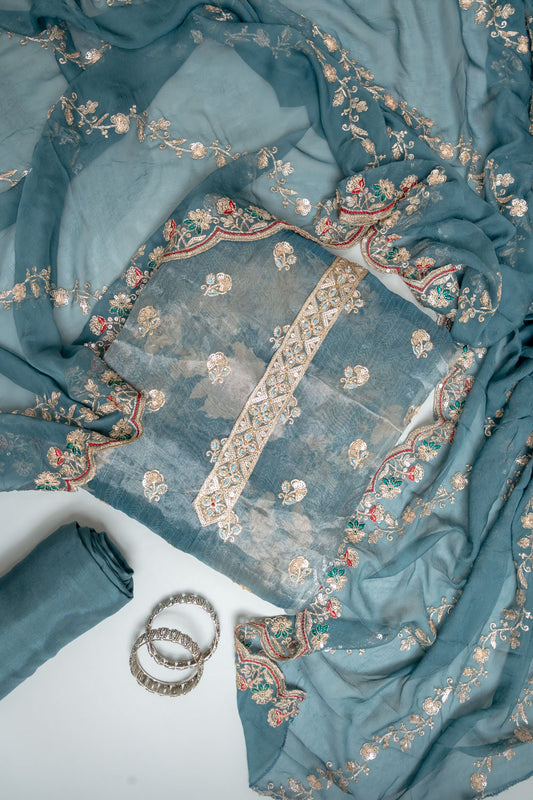 Peacock Organza Unstitched Salwar Suit With Chiffon Dupatta