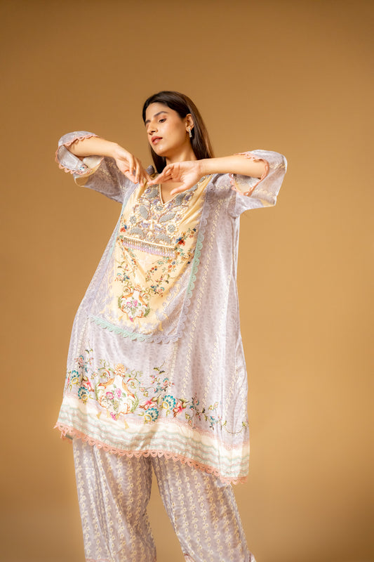 Mauve Crepe Readymade Suit With Palazzo