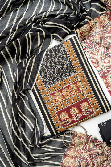 Black Cotton Unstitched Salwar Suit With Cotton Dupatta