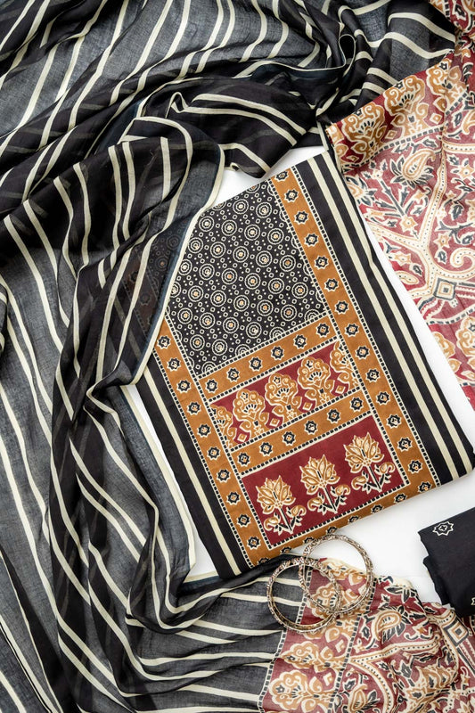 Black Cotton Unstitched Salwar Suit With Cotton Dupatta