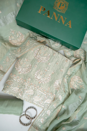Pista Shimmer Unstitched Suit Salwar With Chinon Dupatta