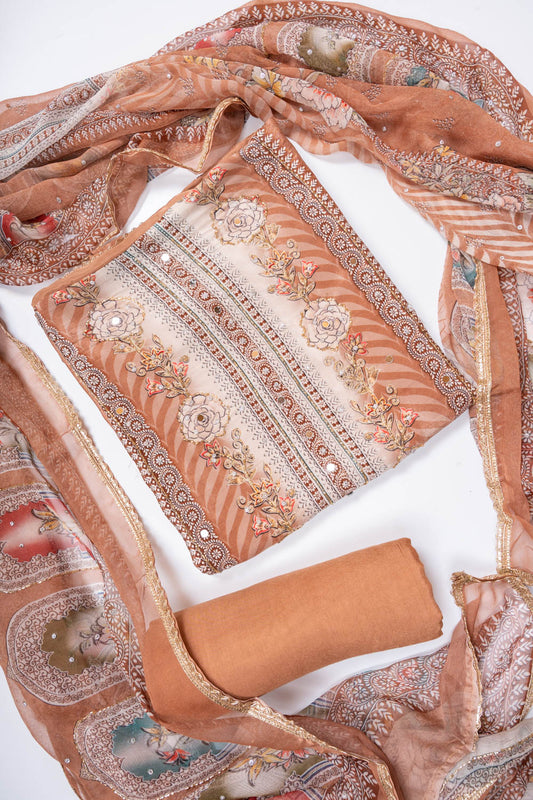 Brown Crepe Unstitched Salwar Suit With Chiffon Dupatta