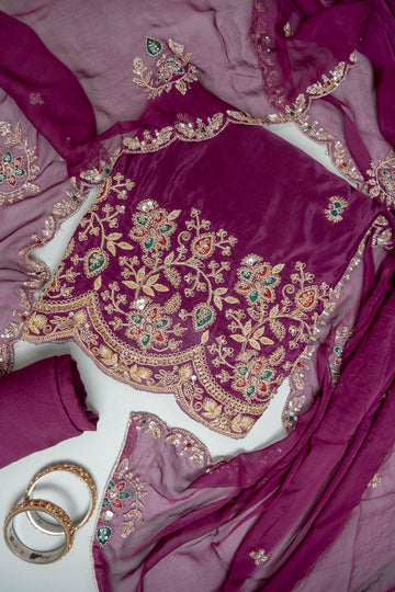 Garnet Organza Unstitched Salwar Suit With Cotton Dupatta