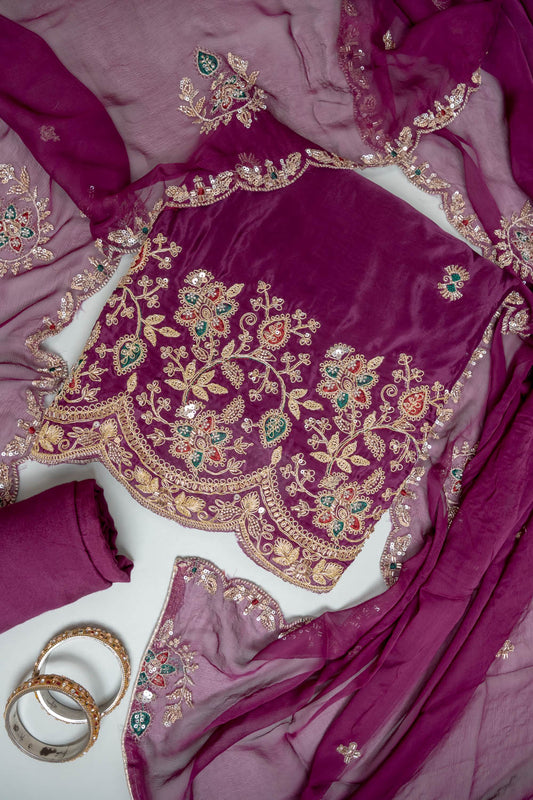 Garnet Organza Unstitched Salwar Suit With Cotton Dupatta