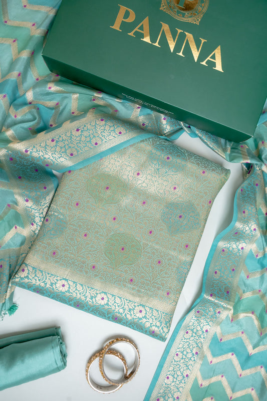 Mint Green Banarasi Silk Unstitched Salwar Suit With Silk Dupatta