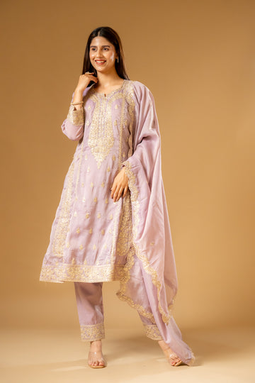 Mauve Shimmer Readymade Suit And Pant With Chinon Dupatta