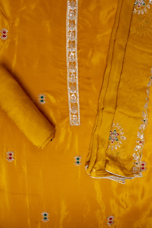 Mustard Organza Unstitched Salwar Suit With Cotton Dupatta