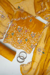 Mustard Organza Unstitched Salwar Suit With Cotton Dupatta