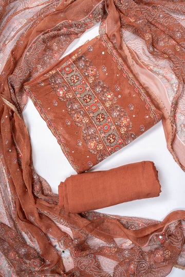 Brown Crepe Unstitched Salwar Suit With Chiffon Dupatta