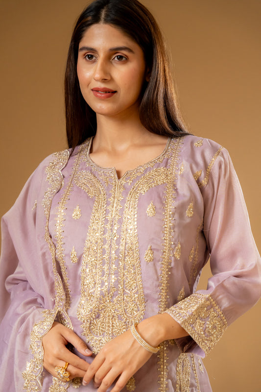Mauve Shimmer Readymade Suit And Pant With Chinon Dupatta