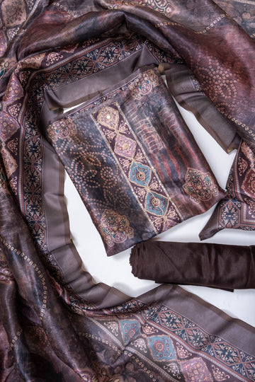 Brown Chanderi Unstitched Salwar Suit With Chanderi Dupatta