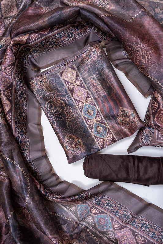 Brown Chanderi Unstitched Salwar Suit With Chanderi Dupatta