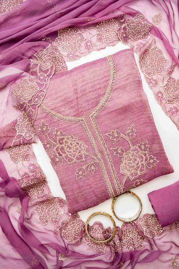 Mauve Organza Unstitched Salwar Suit With Chiffon Dupatta