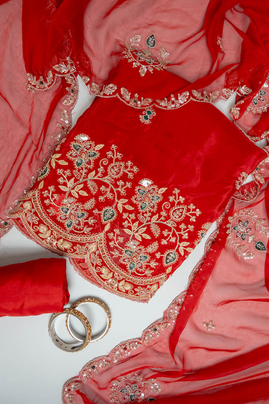 Maroon Organza Unstitched Salwar Suit With Cotton Dupatta