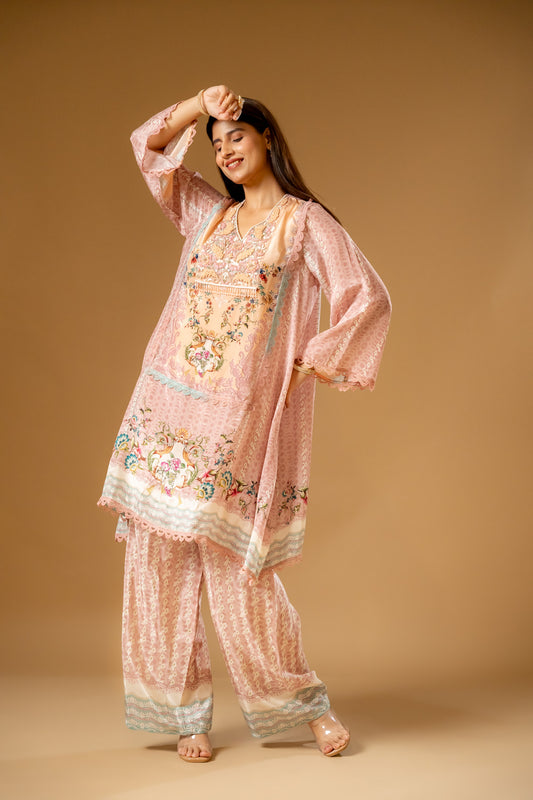 Peach Crepe Readymade Suit With Palazzo