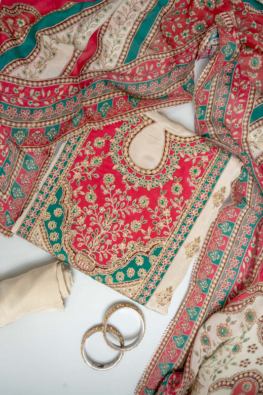 Tussar Rani Crepe Unstitched Salwar Suit With Georgette Dupatta