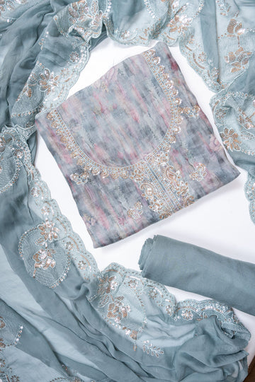 Grey Shimmer Unstitched Salwar Suit With Chiffon Dupatta