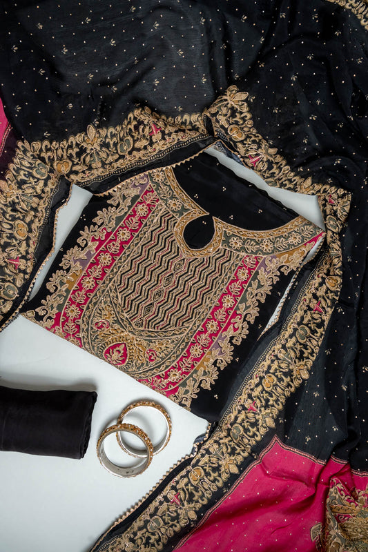 Black Crepe Unstitched Salwar Suit With Georgette Dupatta