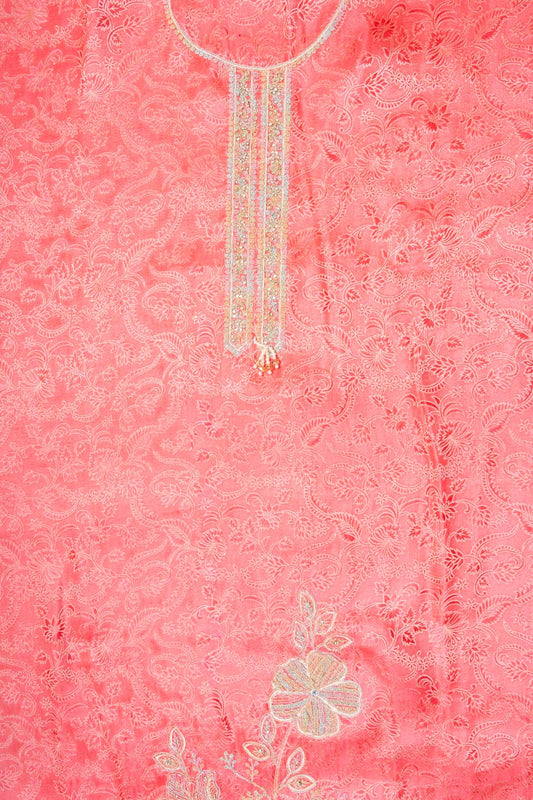 Coral Banarasi Silk Unstitched Salwar Suit With Organza Dupatta