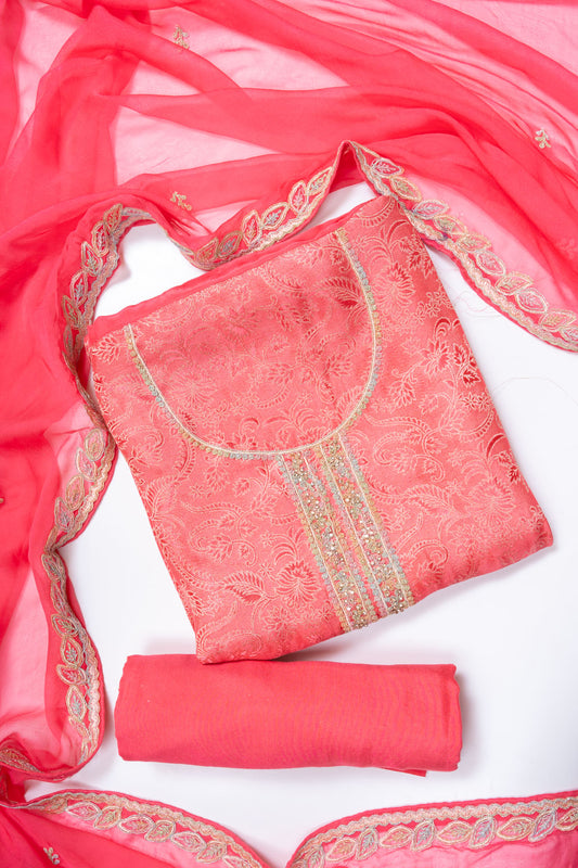 Coral Banarasi Silk Unstitched Salwar Suit With Organza Dupatta